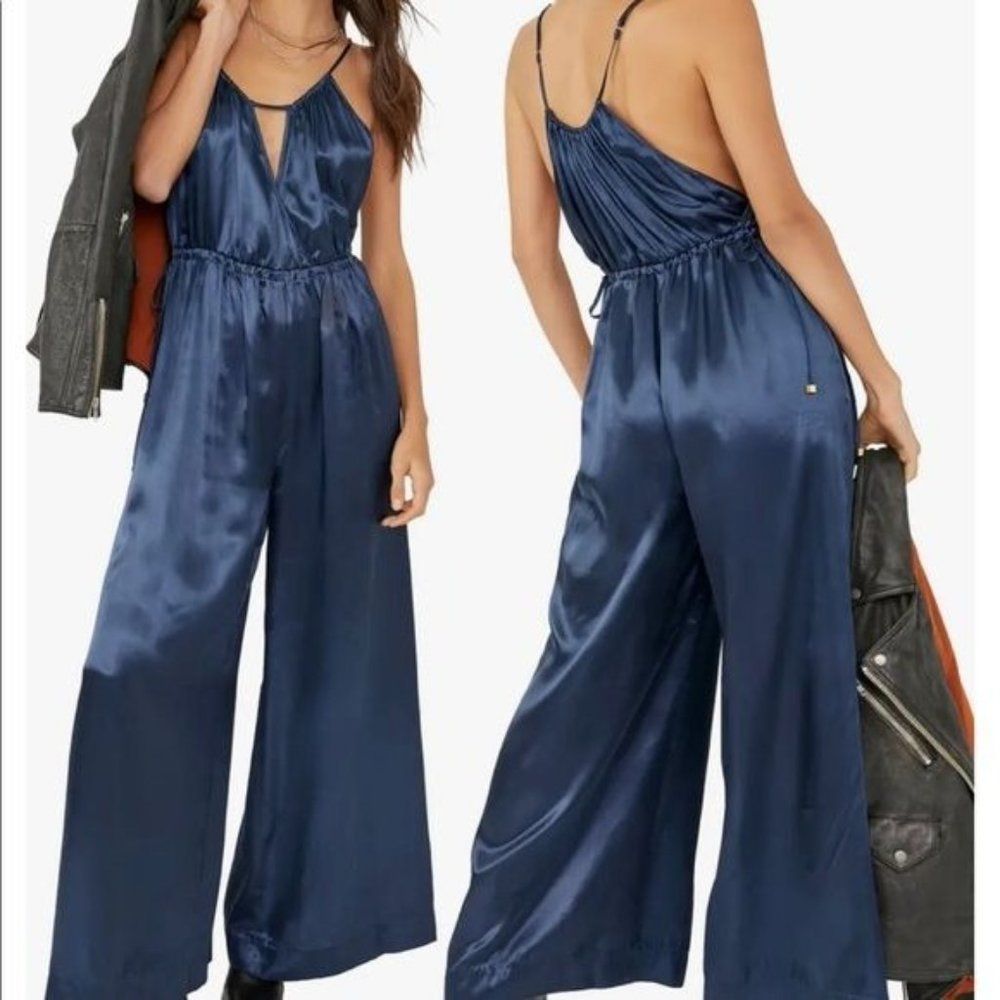 Free People Kate Sleeveless Wide Leg Jumpsuit Blue Satin